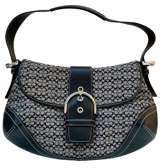 Coach Handbags - COACH - Vintage Black & Gray Signature Jacquard & Leather Shoulder Bag